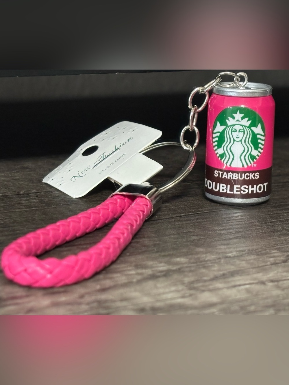 Starbucks Doubleshot Bag Charm / Keychain with Pink Braided Strap